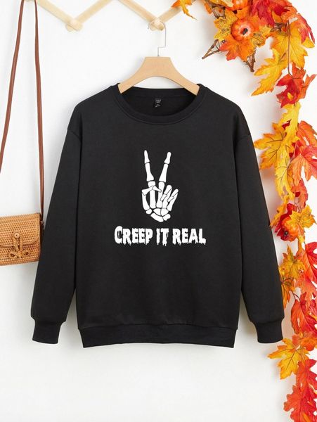 

plus slogan & skeleton print drop shoulder thermal lined sweatshirt w6no#, Black