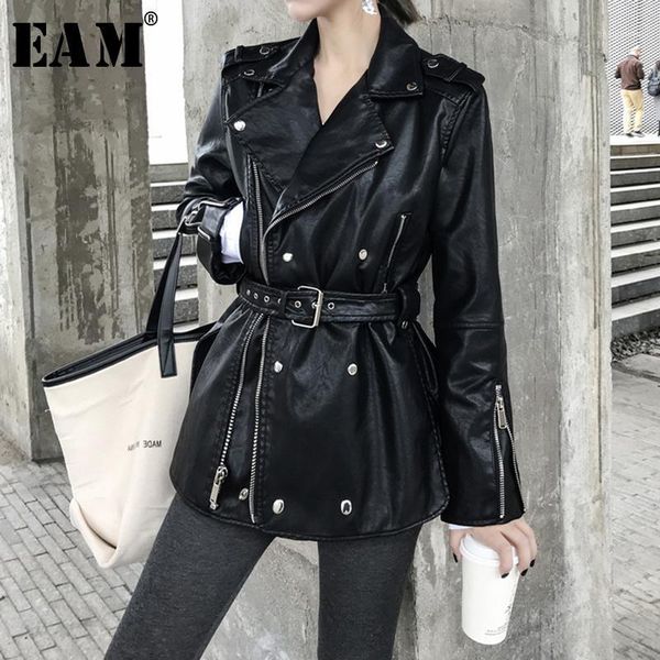 

women's jackets women's [] loose fit black pu leather bandage split zipperjacket lapel long sleeve women coat fashion tide spring, Black;brown