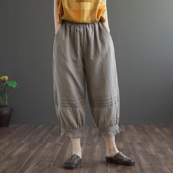 

fairynatural ladies vintage elastic waist loose trousers 2021 casual pocket spliced lace female autumn spring pants women's & capris, Black;white