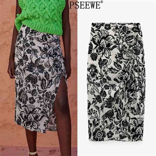 

printed long skirts woman vintage draped high waist midi summer skirt with side slit elegant ruched female 210519, Black