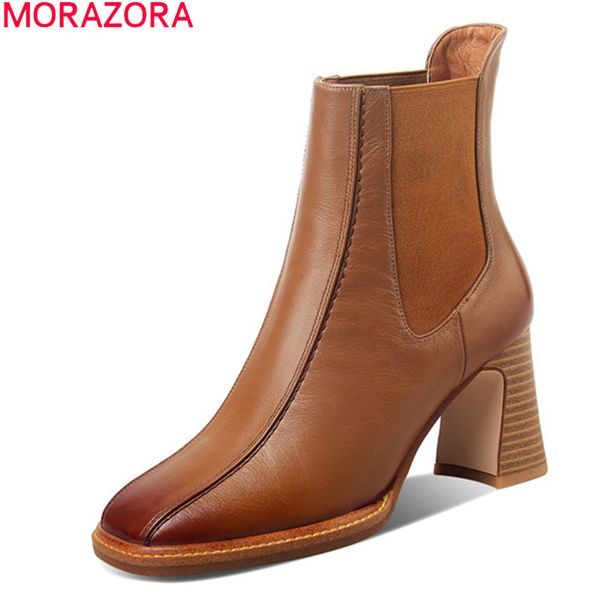 

morazora fashion ankle boots genuine leather boots thick heels square toe slip-on women boots ladies shoes 210506, Black