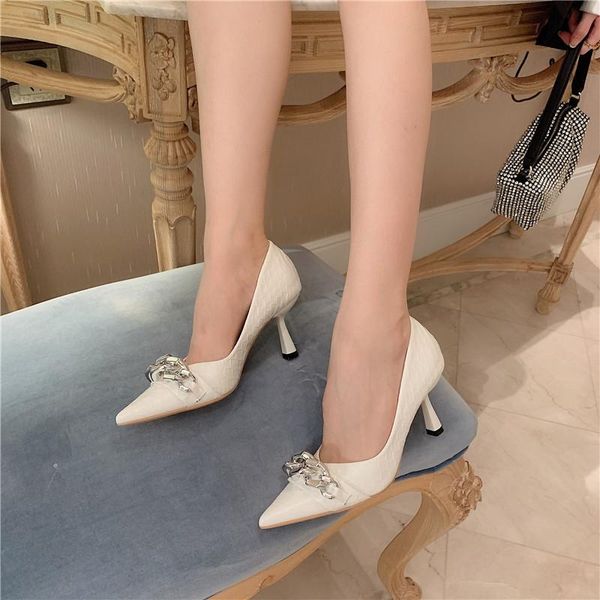 

dress shoes 2021 spring/autumn women pumps pointed toe silver metal chain thin high heels party shallow slip on office work shoe, Black