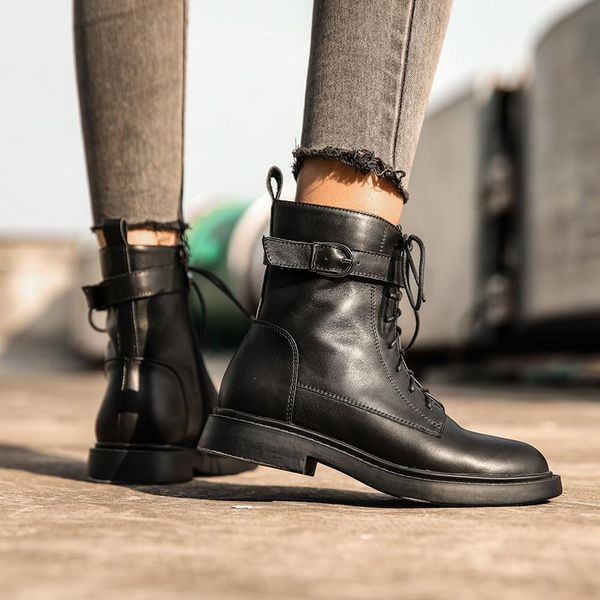 

boots mordoan genuine cow leather women's thick-soled flat-heeled 2021 autumn british style round toe ankle, Black