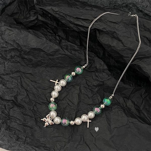 

chokers equator cube green glass hip hop tide brand titanium steel women's girl clavicle chain fashion splicing butterfly necklace, Golden;silver