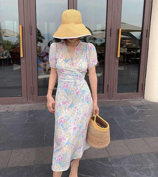 

party dresses 2021 women stylish silk 100% flower print short sleeve wrap v neck midi casual dress with waist tie, White;black