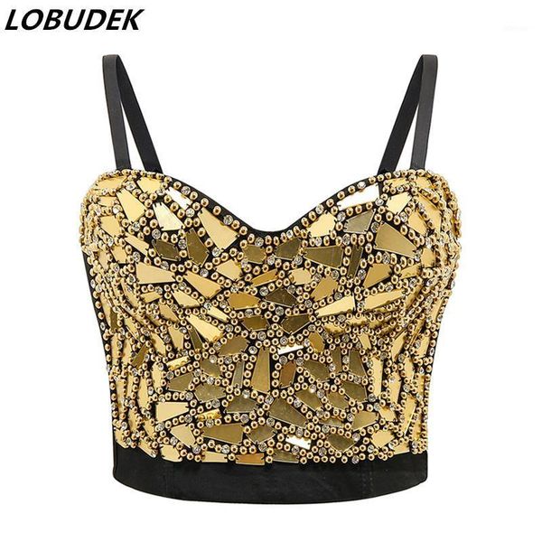 

handmade gold sequins beading bra women crop bar club rave party nightclub stage beads corsets brassiere dj costume bustiers &, Black;white