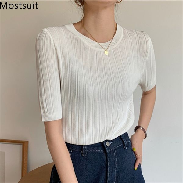 

summer thin knitted pullover knitwear women short sleeve o-neck slim solid fashion casual ladies jumpers sweater femme 210514, White;black