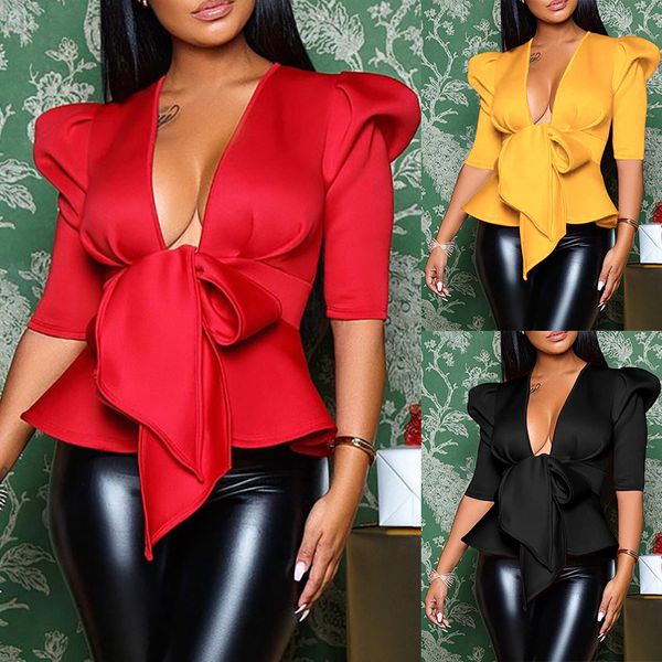Kadın Bluzlar Rahat Bahar Gömlek V Boyun Seksi Bodycon Vintage Bluz Sarı Fırfır Moda Dış Giyim 210422