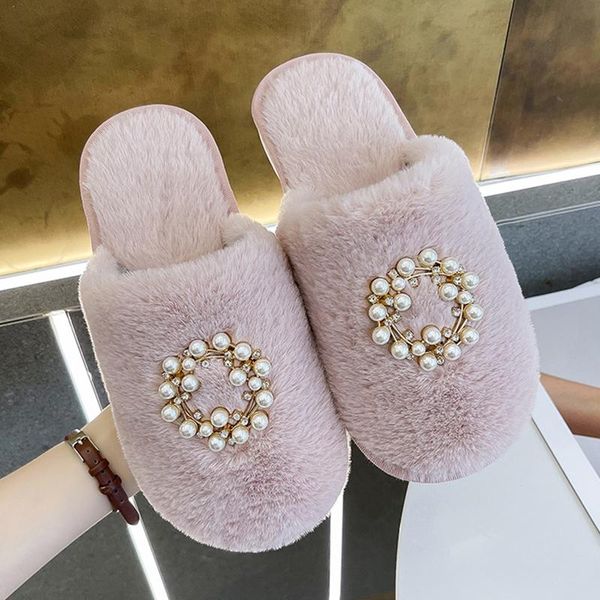 

slippers elegant pearl rhinestone decorate women fur winter home keep warm baotou faux flat ladies bedroom, Black