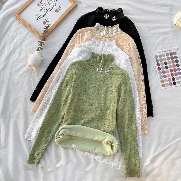 

women's sweaters half high collar lace long sleeve t-shirt bottoming shirt spring and autumn 2021 slim fit, thin thickened outer, White;black