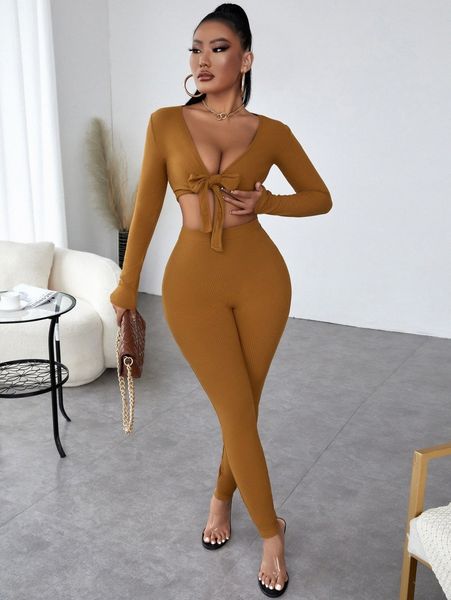 

sxy plunging neck tie front crop & leggings q216#, White