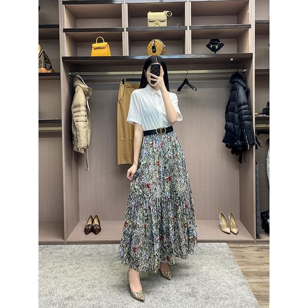 

summer idyllic holiday style pleated casual a-line skirt women's poplin floral half brand clothes xl skirts, Black