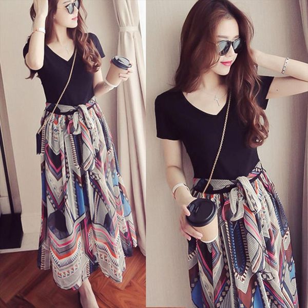 

wholesale 1 pcs short sleeve women dresses v neck fake two pieces fashion for summer, Black;gray