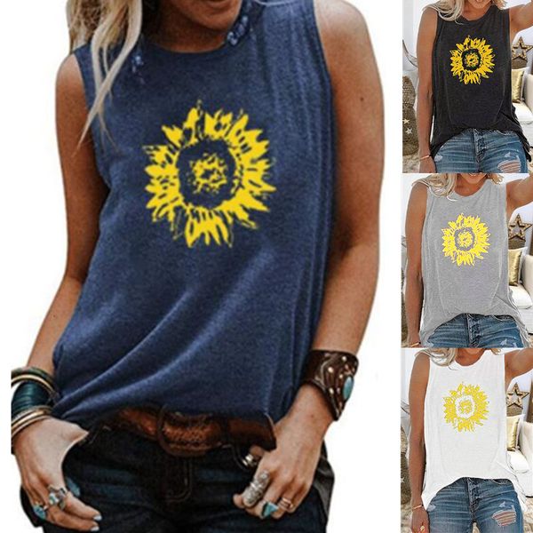 

2021 new summer women's sunflower print sleeveless vest, White