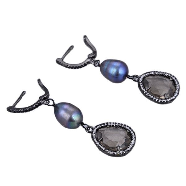 

guaiguai jewelry natural black rice pearl smoky quartzs crystal earrings cz paved hook, Silver