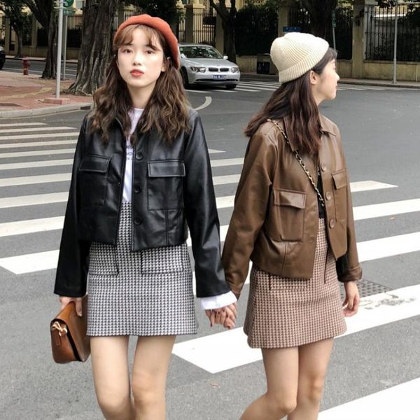 

autumn korean version loose all-match pu leather motorcycle jacket short female student women's jackets, Black;brown
