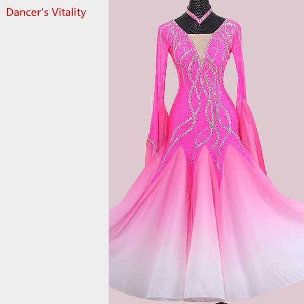 

stage wear waltz ballroom dance performance costumes female v-neck flowy sleeve dress customized modern dancing competition clothes, Black;red