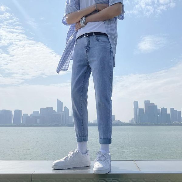 

men's jeans basic blue for men 2021 fashion slim pencil pants teens skinny denim clothing korean style casual streetwear
