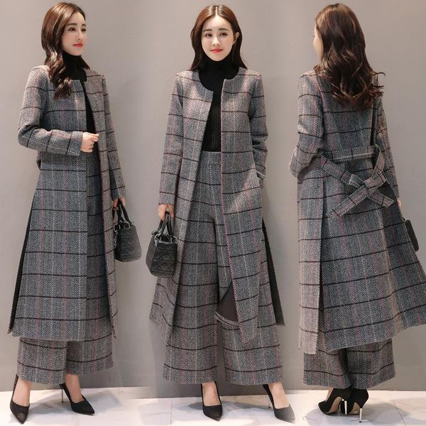 

women's sets woolen plaid pants suit 2 piece set women wide leg autumn feminino trench jacket coat+pants two, White