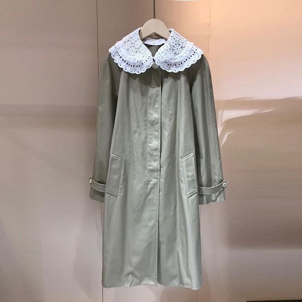 

women's trench coats 2021 autumn arrival contrast embroidery white collar long sleeve khaki loose coat, Tan;black