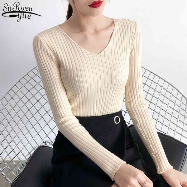 

autumn and winter v-neck long sleeve bottoming sweater korean slim elasticity knitted pullover knitwear 10309 210427, White;black