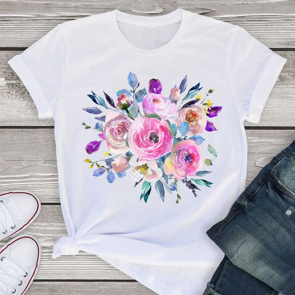 

women graphic short sleeve summer watercolor flower elegant fashion shirt tees clothing female t shirt womens t-shirt x0527, White