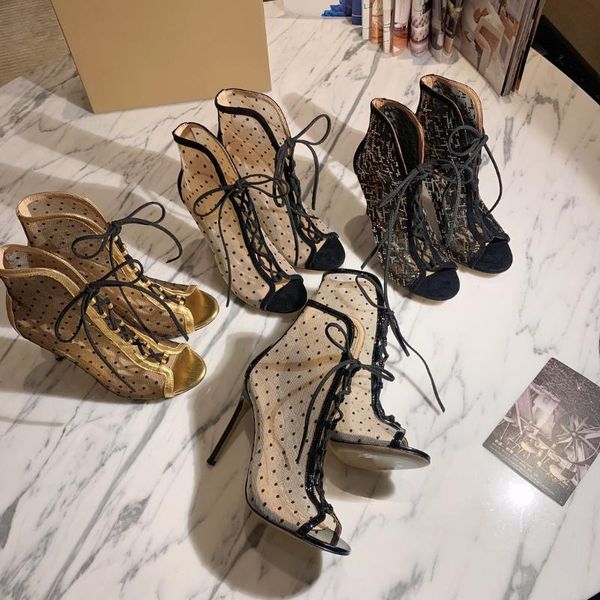 

sandals 2021 summer fish mouth women shoes fashion genuine leather lace-up high heels woman net yarn, Black
