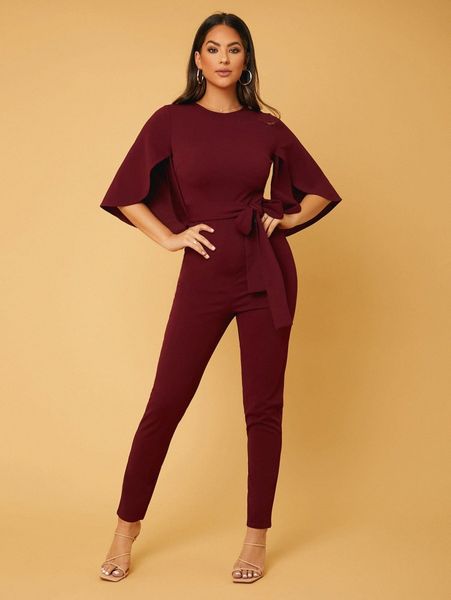 

tall split sleeve belted solid jumpsuit m08h#, White
