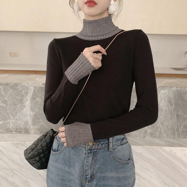 

women's sweaters 2021 korean version of fashion spring autumn sweater turtleneck pullover slim stitching knitted bottoming y40, White;black