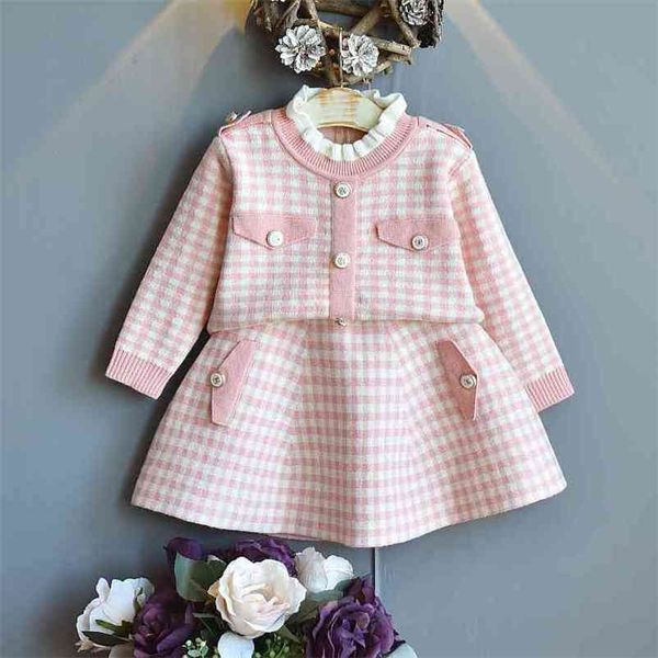 

fall girls outfits plaid knit agaric collar sweater skirt fashion korean little girl clothing set warm cute kids clothes 210715, White