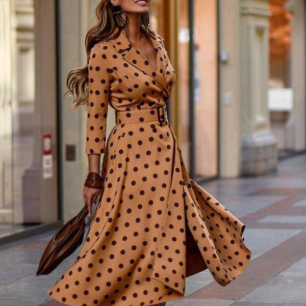 

casual dresses elegant office ladies autumn dress women turn-down collar long sleeve dot print vintage belted charm party vestidos, Black;gray