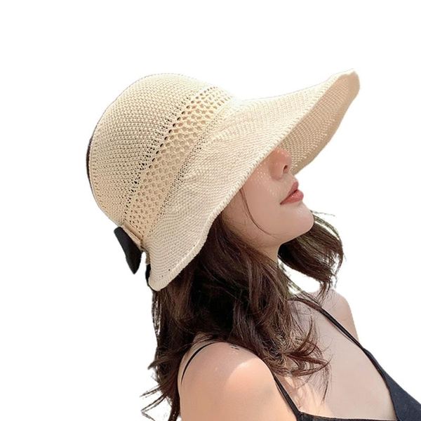 

wide brim hats women summer woven mesh sun visor beach cap sweet bowknot open roll-up packable travel uv protection baseball hat, Blue;gray