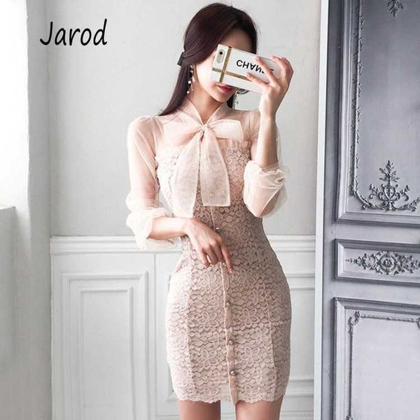 

summer women office lace patchwork dress single-breasted bow tie crochet casual long sleeve women clothing 210526, Black;gray