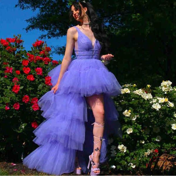 

party dresses fashion prom dress deep v-neck layered tulle ruffles hi-lo women homecoming formal evening gowns, White;black