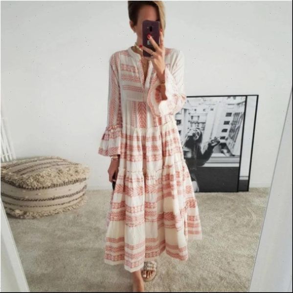 

women dress fashion geometric print flare sleeve v neck for beach vacation casual loose ladies ruffles flared a line, Black;gray