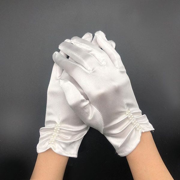 

five fingers gloves short satin full finger wrist length solid color prom party women mittens bride pearl beaded white wedding, Blue;gray