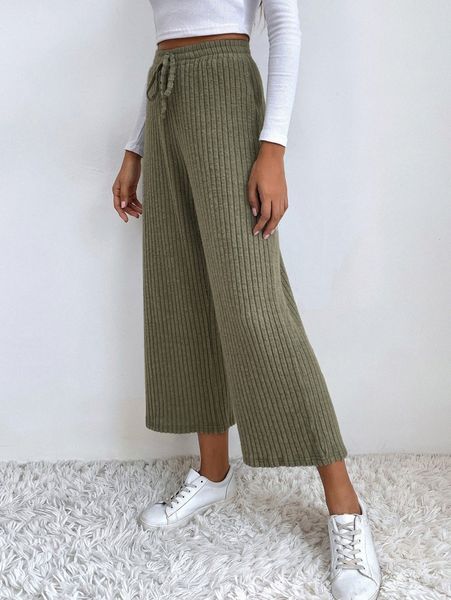 

solid knotted wide leg pants o9di#, Black;white