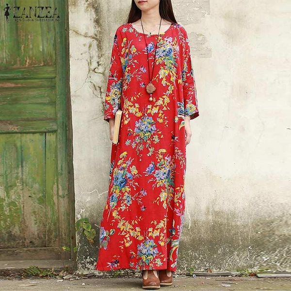 

plus size vintage floral maxi dress women's autumn vestidos zanzea 2021 casual long sleeve printed female o neck robe dresses, Black;gray