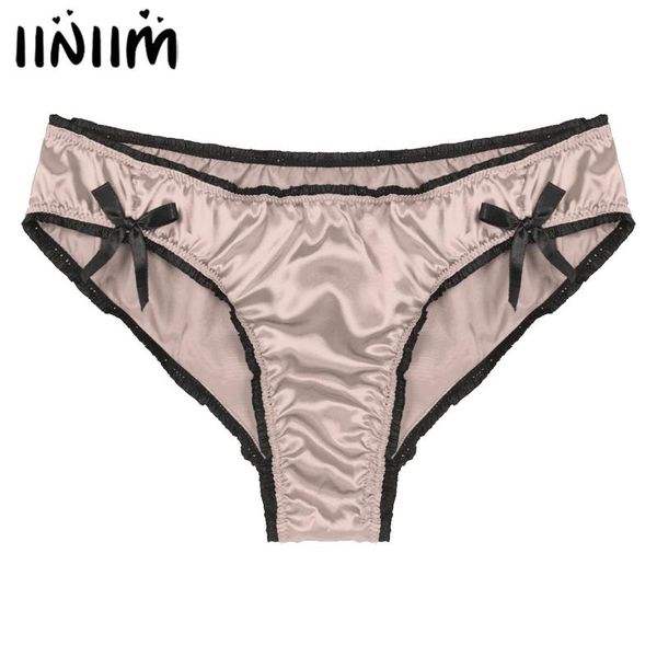 Cuecas de cor sólida cor calcinha frilly baixo cintura cetim briefs sissy macho gay underwear nightwear bowknot lingerie sexy