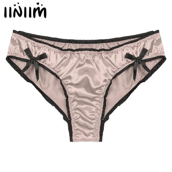

underpants men's solid color panties frilly low waist satin briefs sissy male gay underwear nightwear bowknot lingerie, Black;white