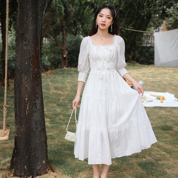 

casual dresses french retro hollow out puff sleeve princess high waist vacation chic elegant sweet bow kawaii party female long dress, Black;gray