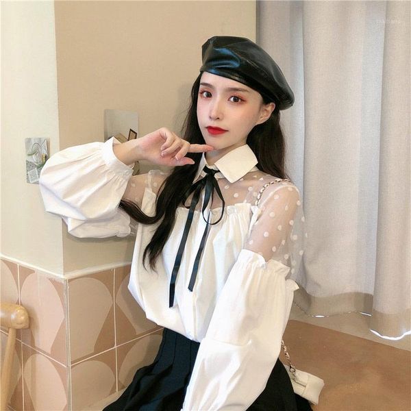 

small fresh patchwork ladies korean bow bandage turn-down blouses sweet style long sleeve loose shirts women's clothing &, White