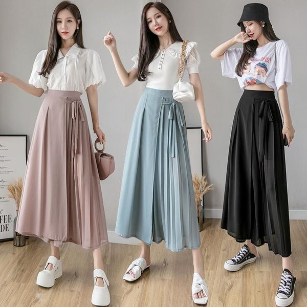 

women's pants & capris 2021 spring and summer style korean pleated chiffon trousers large size elastic waist casual hakama woman, Black;white