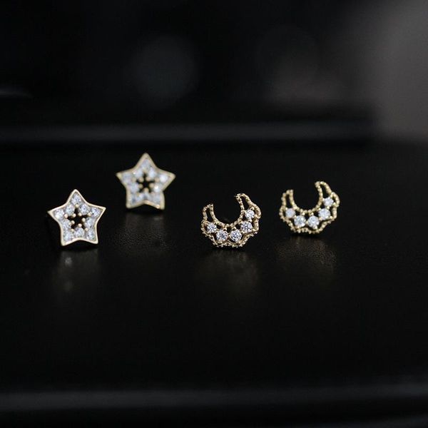 

stud earrings zircon star moon for women korea fashion vintage trendy design hip hop student daily lady jewelry boyulige, Golden;silver