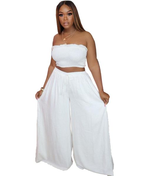 

women's two piece pants women set solid sleeveless strapless crop loose wide leg sets fashion streetwear summer outfit, White