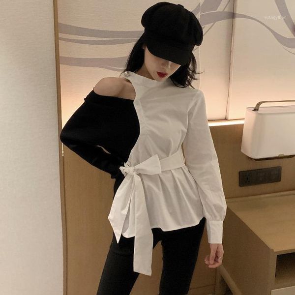 

women's blouses & shirts black white off shoulder clothing fashion stand patchwork spring fall blusas mujer de moda verano