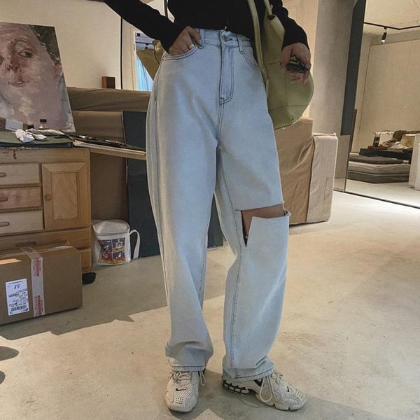 

women's jeans casual light blue women high waist straight thin ripped denim trousers all-match hole vintage y2k aesthetic mom long pant