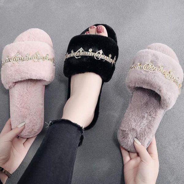 

slippers fashion rhinestone women indoor warm fur home floor bedroom shoes soft sole non-slip female cotton s659, Black