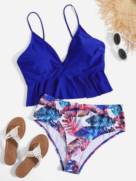 

plus tropical ruffle hem high waisted bikini swimsuit a3mp#, Black