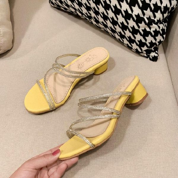 

slippers sianie tianie 2021 summer crystal rhinestone womens outdoor blue yellow ladies sandals chunky middle heels slides mules, Black